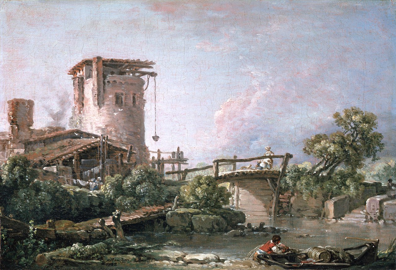 Landschaft mit Turm und Brücke von François Boucher