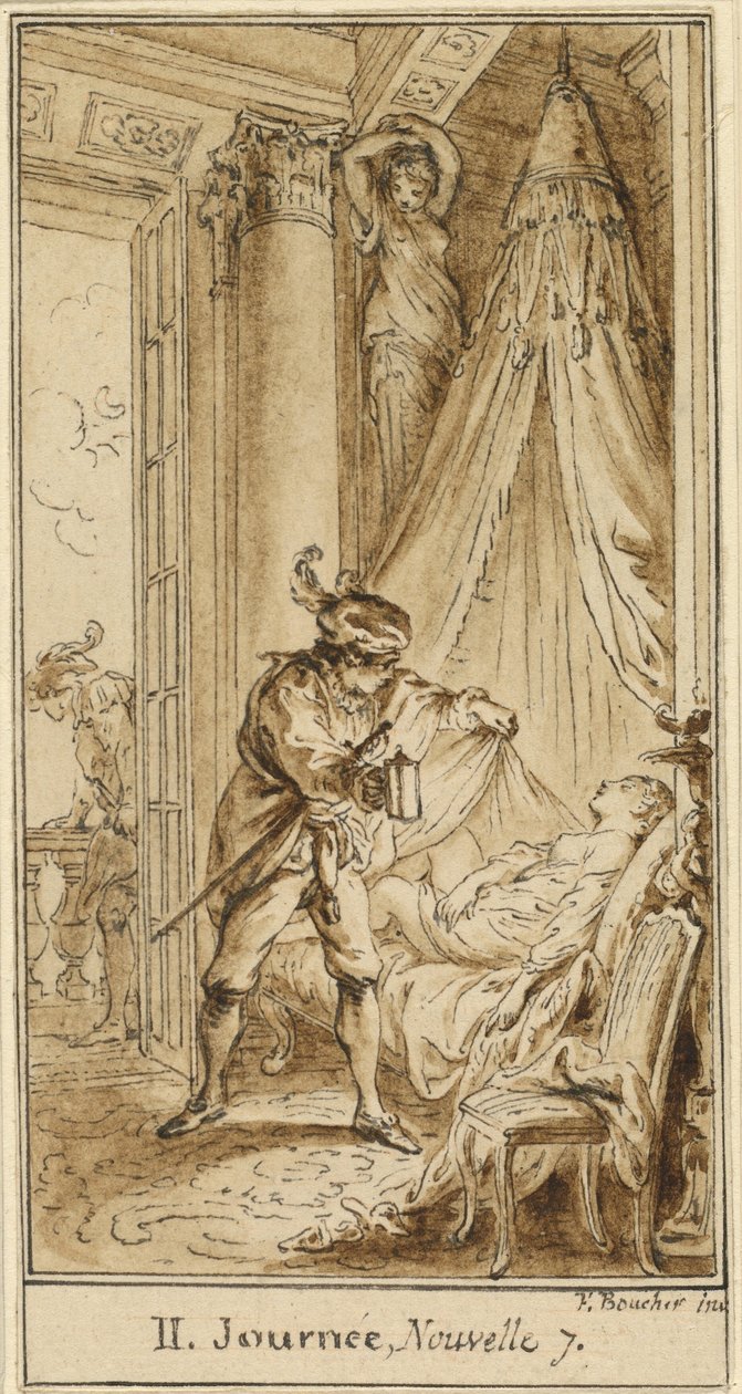 Zweiter Tag, siebte Geschichte: Der Herzog von Athen betrachtet die schlafende Prinzessin Alatiel von François Boucher