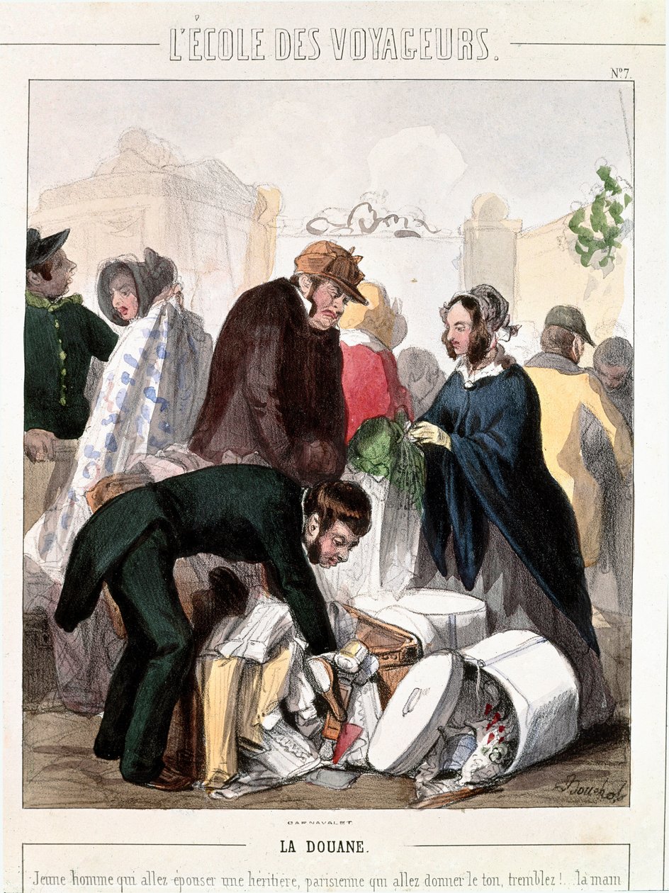 Zollkontrolle der Mitgift einer Erbin, die einen jungen Mann heiraten wollte. Farbgravur von Francois Bouchot (1800-1842), um 1830. Paris, Musee Carnavalet von Francois Bouchot