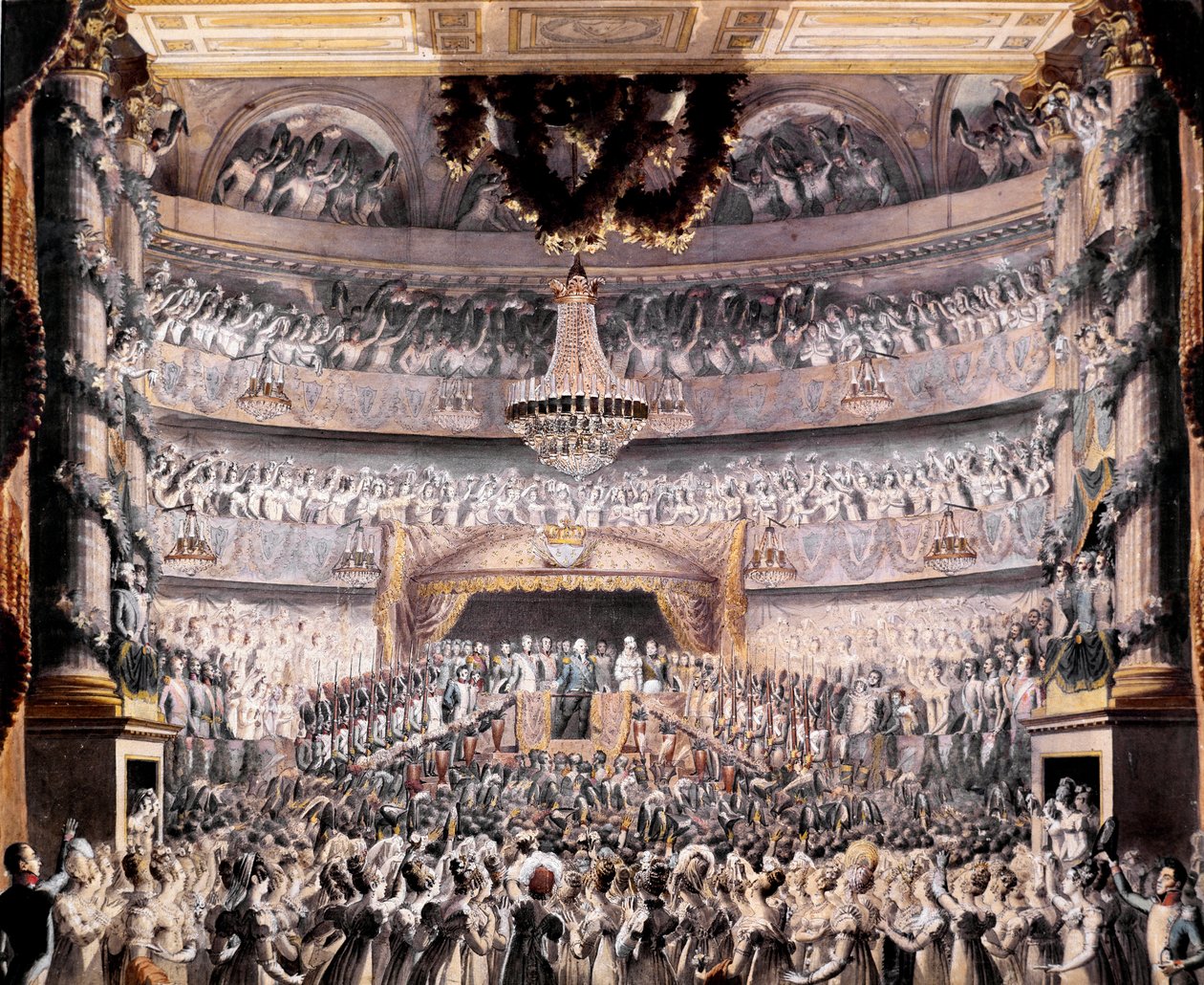 Ludwig XVIII. (1755-1824) besucht das Theater von Odeon bei einer Feier der Nationalgarde von Paris im Jahr 1819. Zeichnung von François Buffet (1789-1843) von Francois Buffet