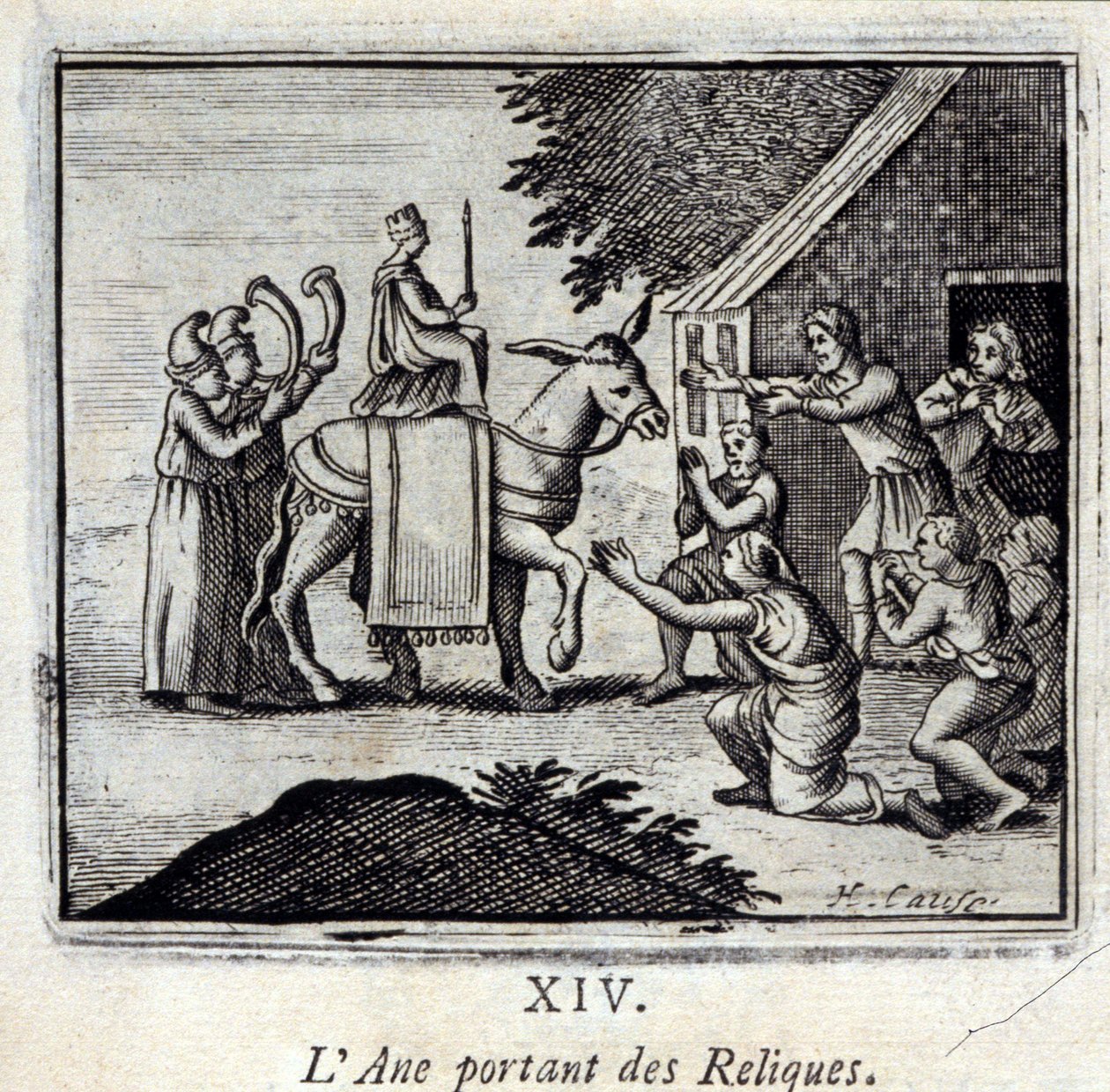 Der Esel, der Reliquien trägt. Fabeln von Jean de La Fontaine. Illustration von François Chauveau. Ausgabe von 1728. von Francois Chauveau