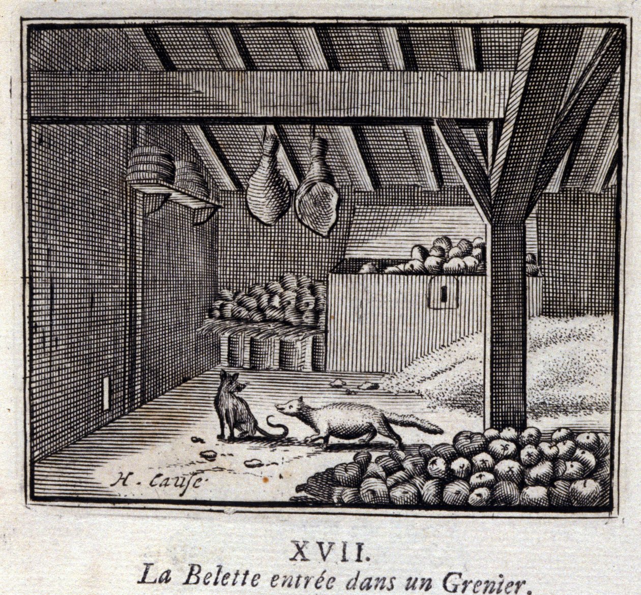 Das Wiesel betritt einen Speicher. Fabeln von Jean de La Fontaine. Illustration von François Chauveau. Ausgabe von 1728. von Francois Chauveau