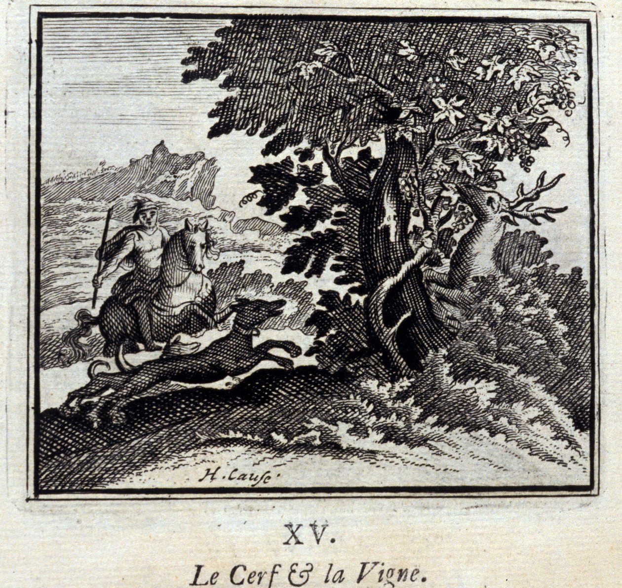 Der Hirsch und der Weinstock. Fabeln von Jean de La Fontaine. Illustration von François Chauveau. Ausgabe von 1728. von Francois Chauveau