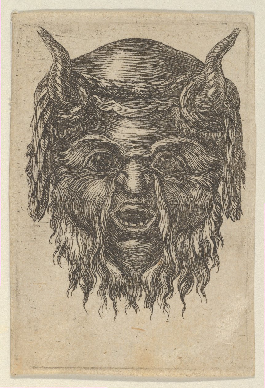 Satyrmaske mit einem Lorbeerkranz über den Hörnern drapiert, aus Divers Masques, ca. 1635-45 von Francois Chauveau