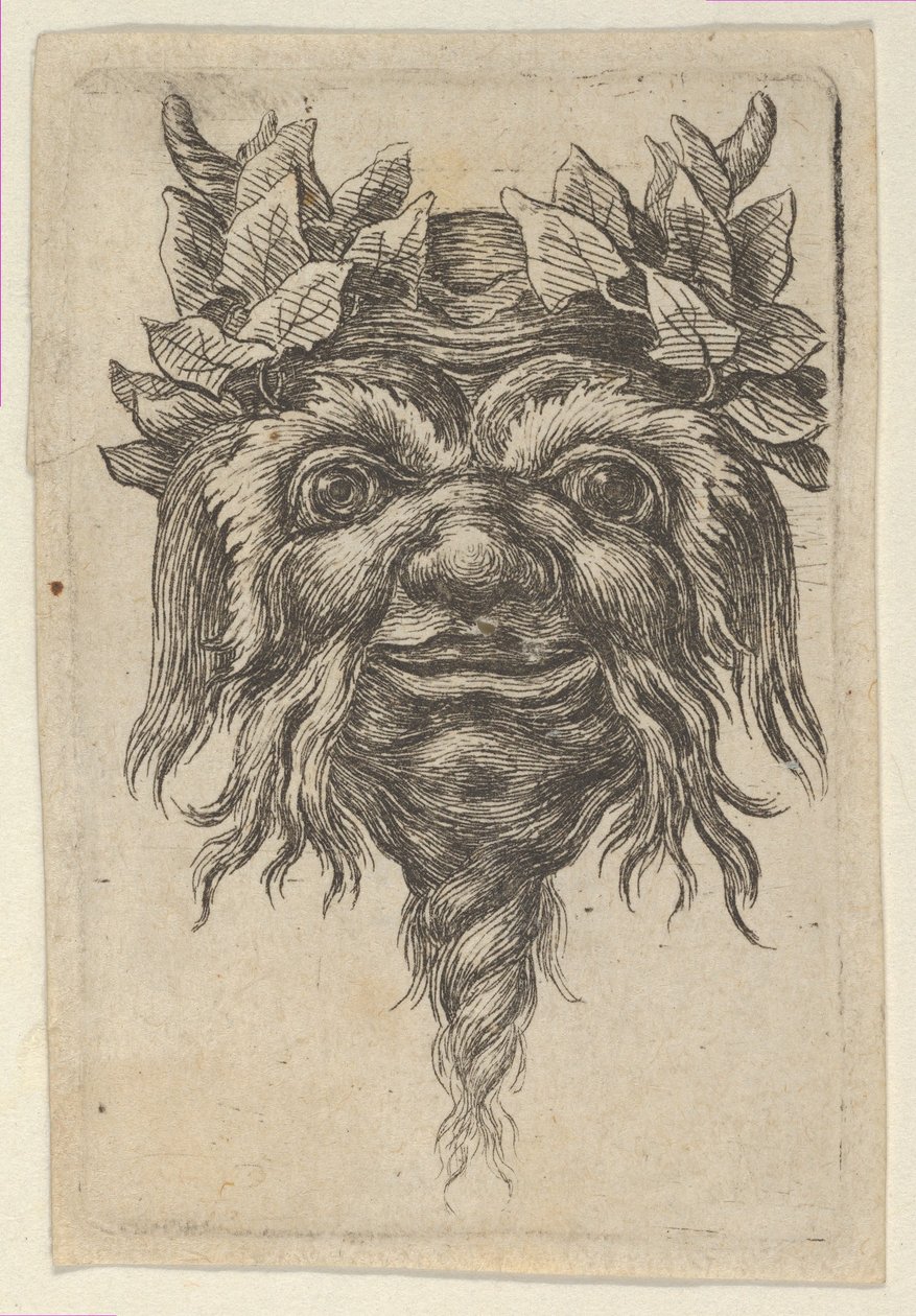 Satyrmaske mit spiralförmigem Bart und Efeu um jedes Horn, aus Divers... von Francois Chauveau