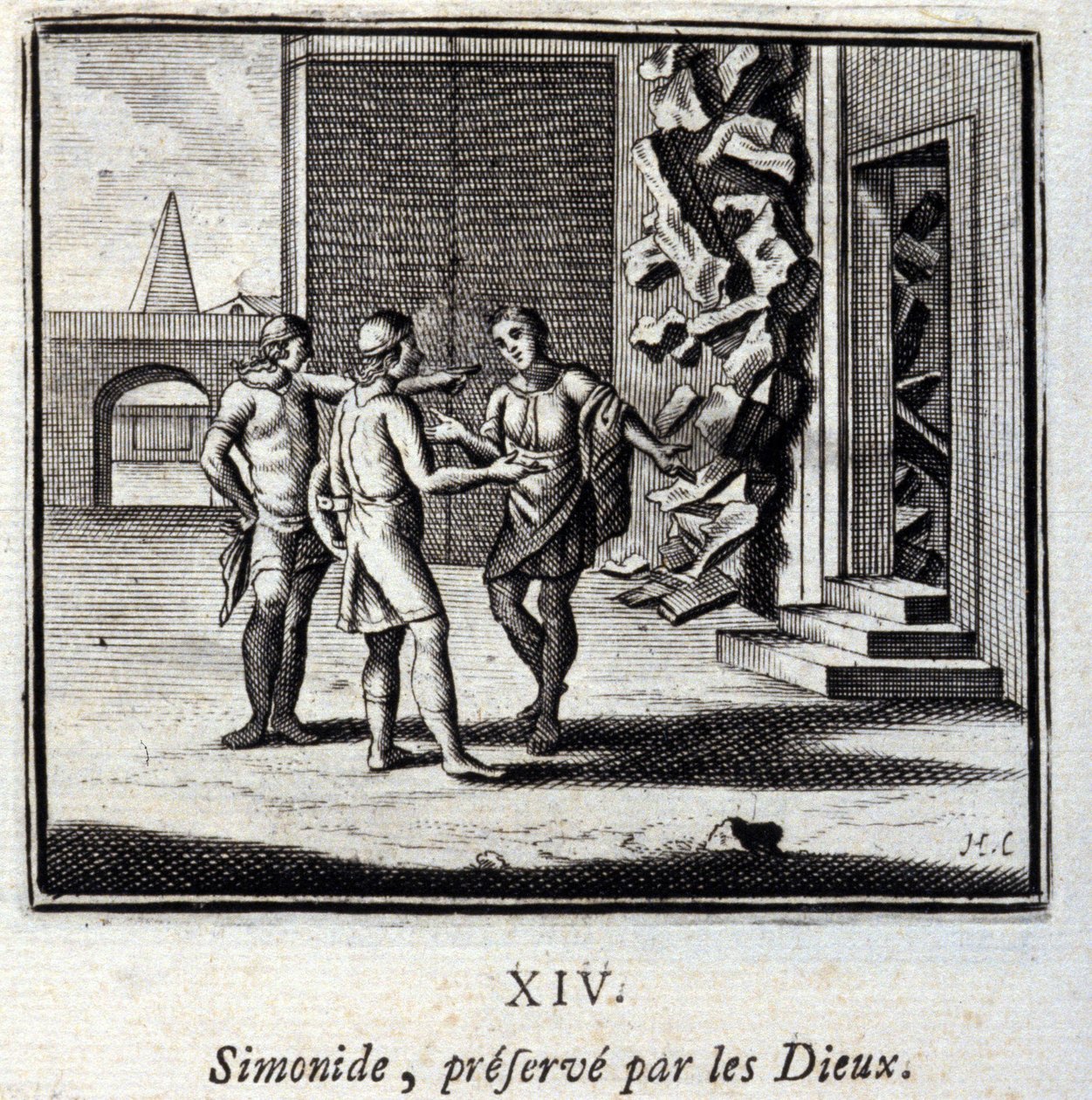 Simonides, von den Göttern bewahrt. Fabeln von Jean de La Fontaine. Illustration von François Chauveau. Ausgabe von 1728. von Francois Chauveau