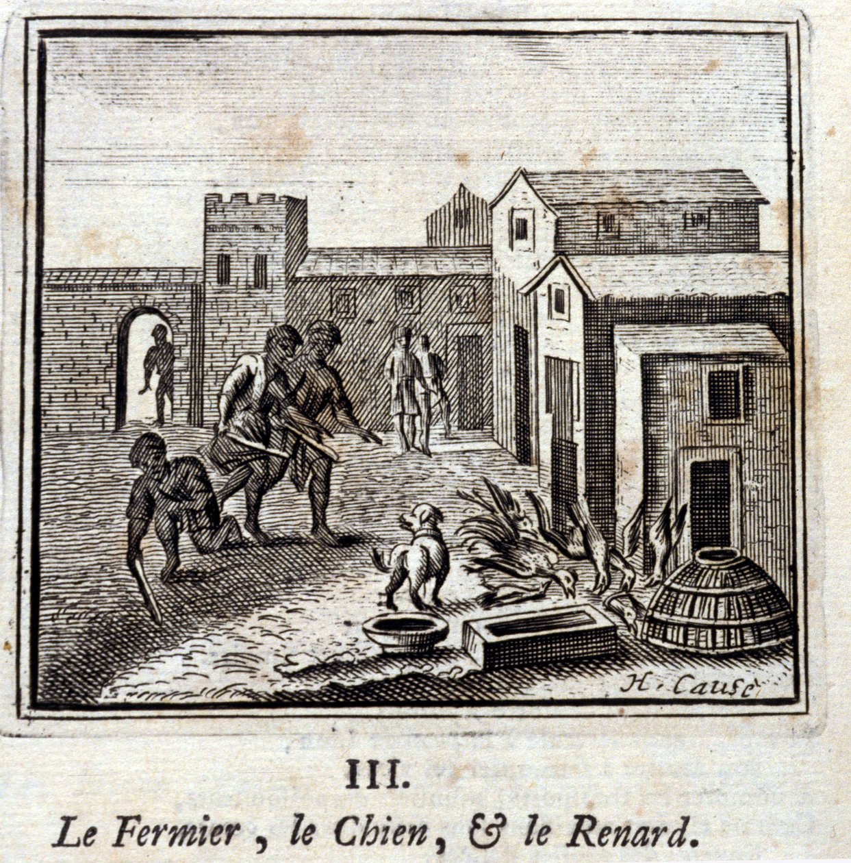 Der Bauer, der Hund und der Fuchs. Fabeln von Jean de La Fontaine. Illustration von François Chauveau. Ausgabe von 1728. von Francois Chauveau