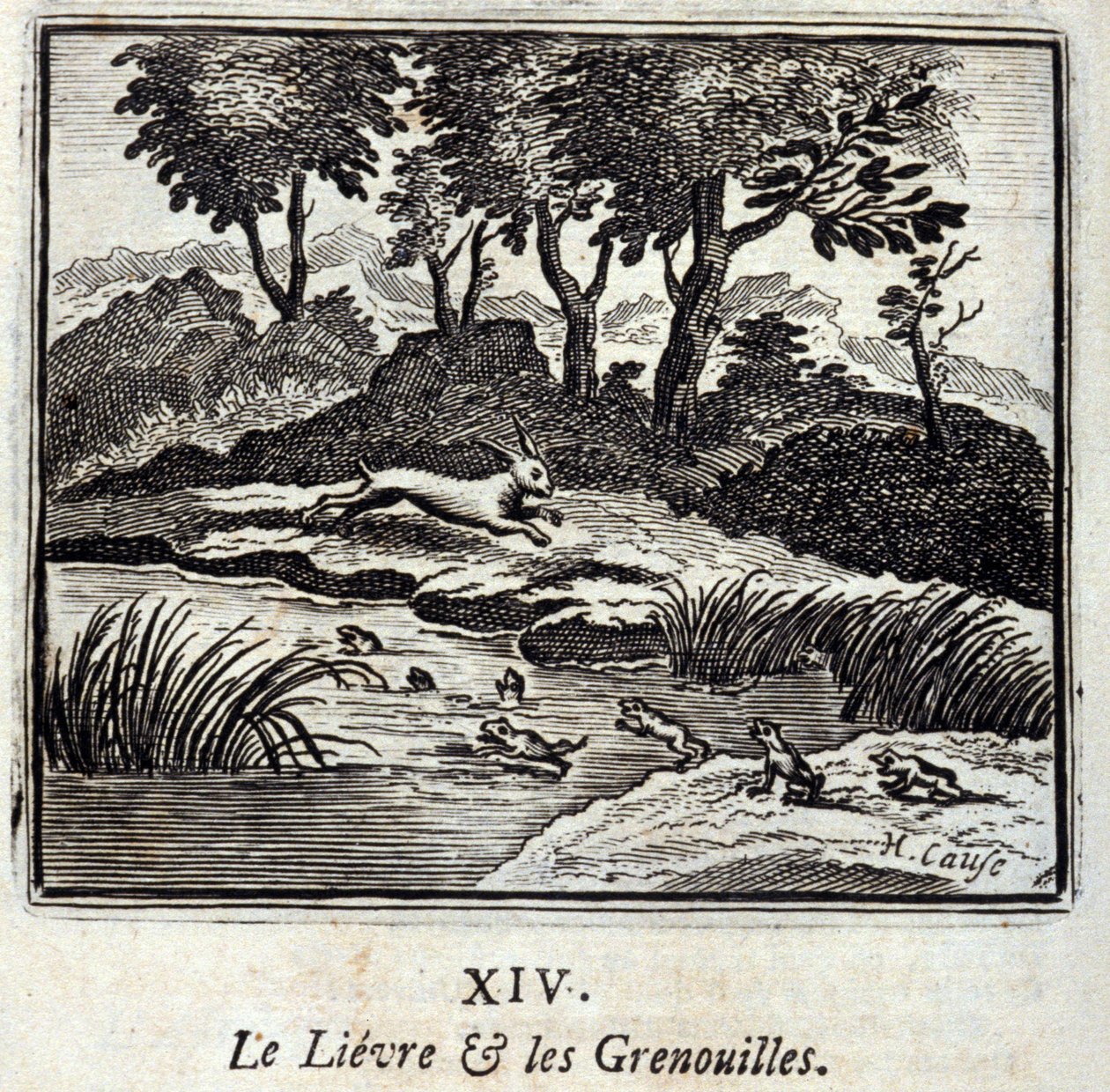 Der Hase und die Frösche. Fabeln von Jean de La Fontaine (1621-95). Illustration von François Chauveau (1613-1676). Ausgabe von 1728. von Francois Chauveau