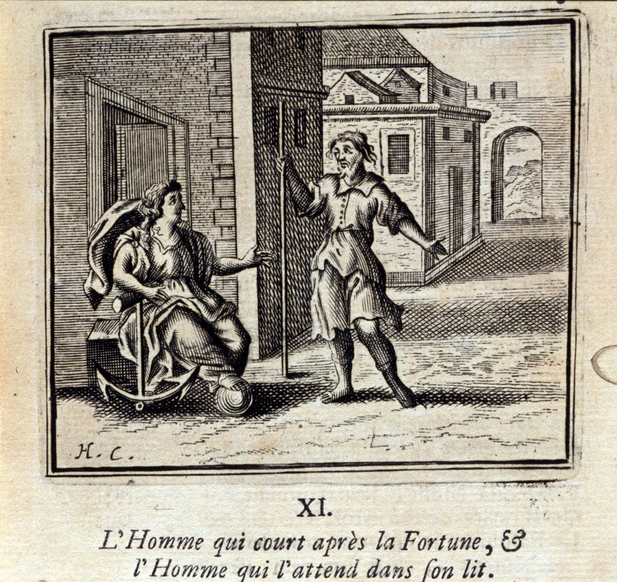 Der Mann, der dem Glück nachjagt, und der Mann, der im Bett auf ihn wartet. Fabeln von Jean de La Fontaine (1621-95). Illustration von François Chauveau (1613-1676). Ausgabe von 1728 von Francois Chauveau