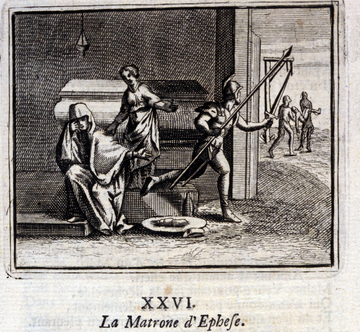 Die Matrone von Ephesus. Fabeln von Jean de La Fontaine (1621-95). Illustration von François Chauveau (1613-1676). Ausgabe von 1728 von Francois Chauveau