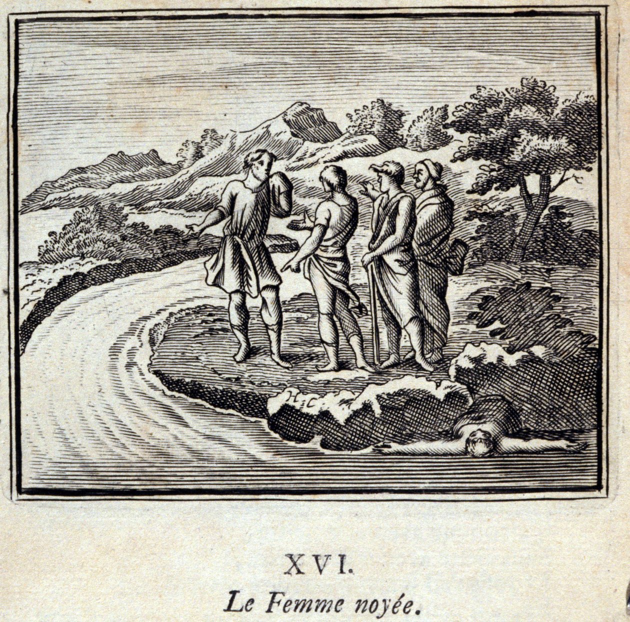 Die ertrunkene Frau. Fabeln von Jean de La Fontaine. Illustration von François Chauveau. Ausgabe von 1728. von Francois Chauveau