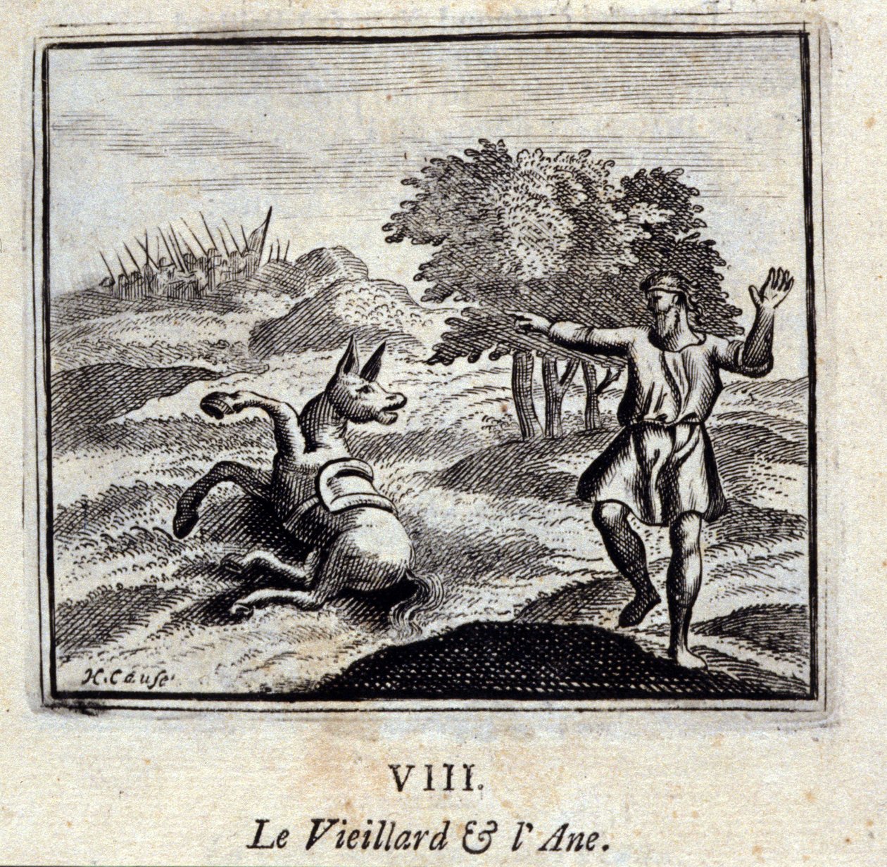 Der alte Mann und der Esel. Fabeln von Jean de La Fontaine (1621-95). Illustration von François Chauveau (1613-1676). Ausgabe von 1728 von Francois Chauveau