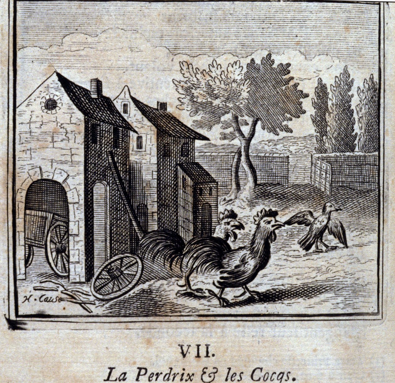 Das Rebhuhn und die Hähne. Fabeln von Jean de La Fontaine. Illustration von François Chauveau. Ausgabe von 1728. von Francois Chauveau