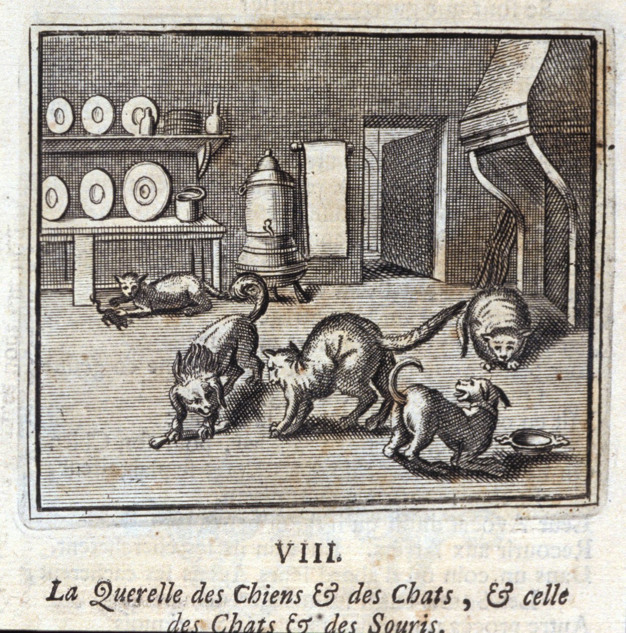 Der Streit der Hunde und Katzen und der Katzen und Mäuse. Fabeln von Jean de La Fontaine. Illustration von François Chauveau. Ausgabe von 1728. von Francois Chauveau
