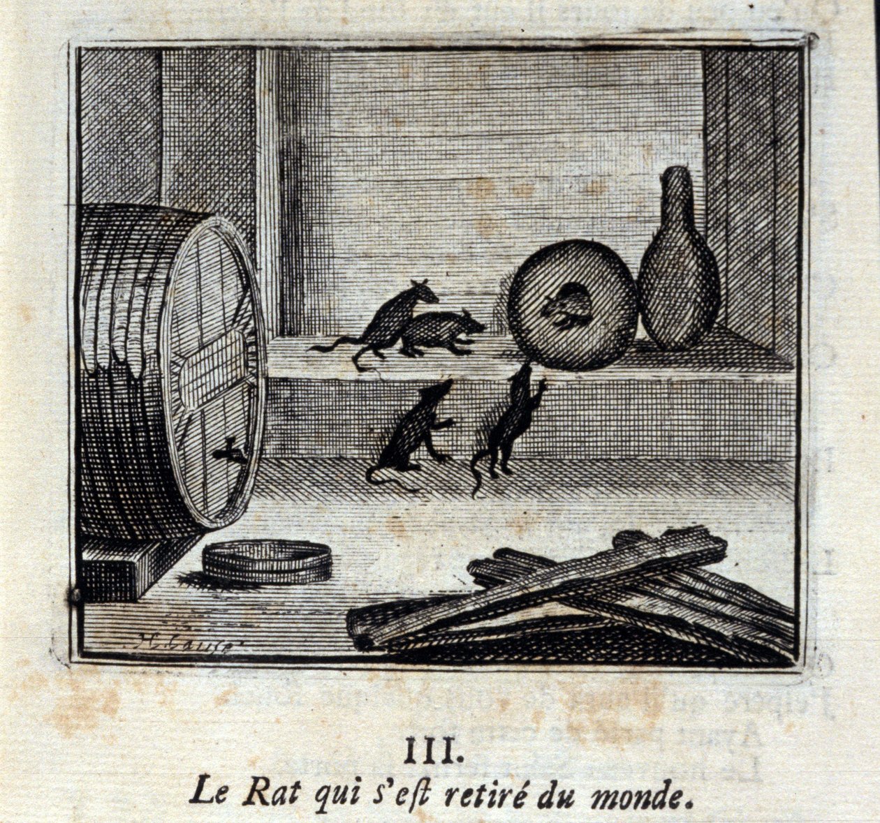 Die Ratte, die sich aus der Welt zurückzog. Fabeln von Jean de La Fontaine (1621-95). Illustration von François Chauveau (1613-1676). Ausgabe von 1728 von Francois Chauveau