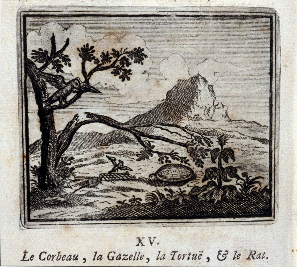 Der Rabe, die Gazelle, die Schildkröte und die Ratte. Fabeln von Jean de La Fontaine (1621-95). Illustration von François Chauveau (1613-1676). Ausgabe von 1728 von Francois Chauveau