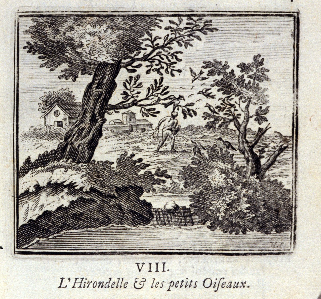 Die Schwalbe und die kleinen Vögel. Fabeln von Jean de La Fontaine. Illustration von François Chauveau. Ausgabe von 1728. von Francois Chauveau