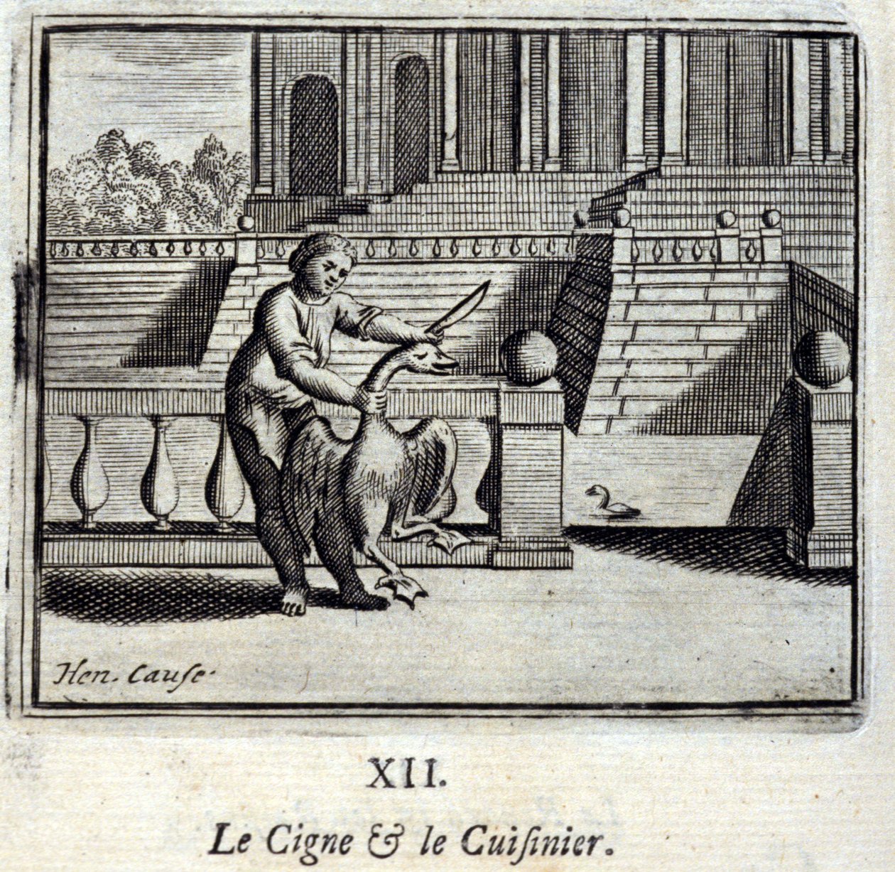 Der Schwan und der Koch. Fabeln von Jean de La Fontaine. Illustration von François Chauveau. Ausgabe von 1728. von Francois Chauveau