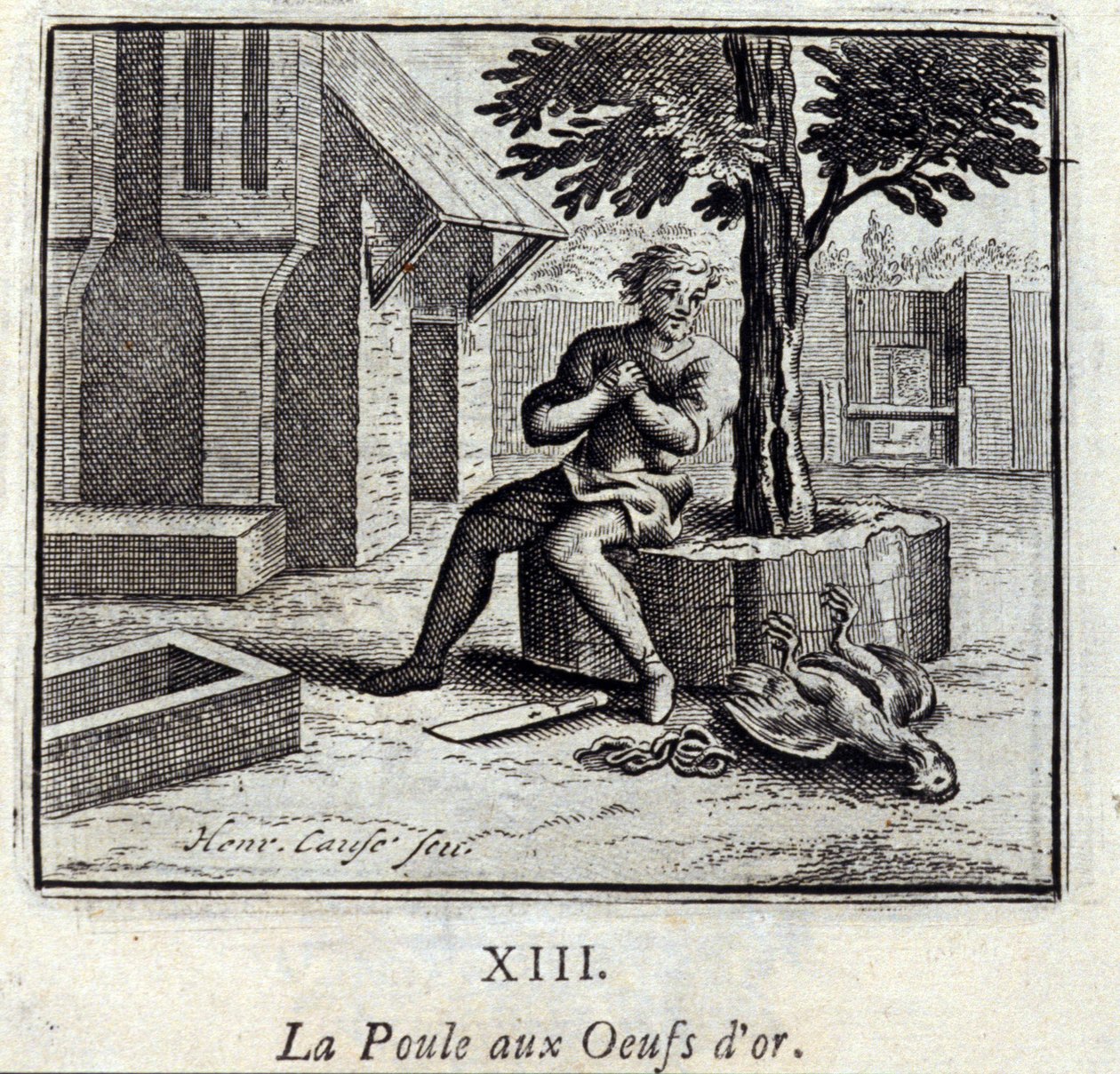Das Huhn mit den goldenen Eiern. Fabeln von Jean de La Fontaine. Illustration von François Chauveau. Ausgabe von 1728. von Francois Chauveau