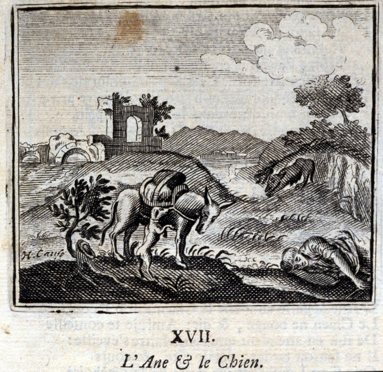 Der Esel und der Hund. Fabeln von Jean de La Fontaine. Illustration von François Chauveau. Ausgabe von 1728. von Francois Chauveau