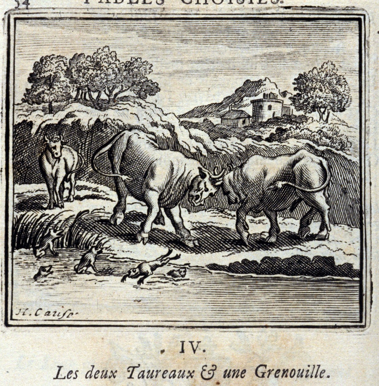 Die zwei Stiere und ein Frosch. Fabeln von Jean de La Fontaine. Illustration von François Chauveau. Ausgabe von 1728. von Francois Chauveau
