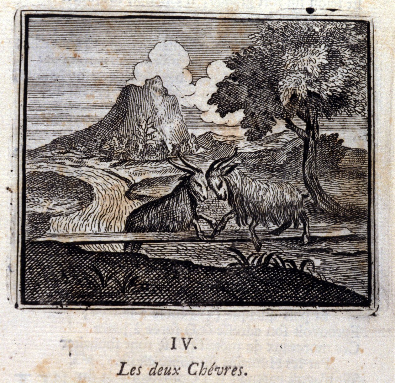 Die zwei Ziegen. Fabeln von Jean de La Fontaine. Illustration von François Chauveau. Ausgabe von 1728. von Francois Chauveau