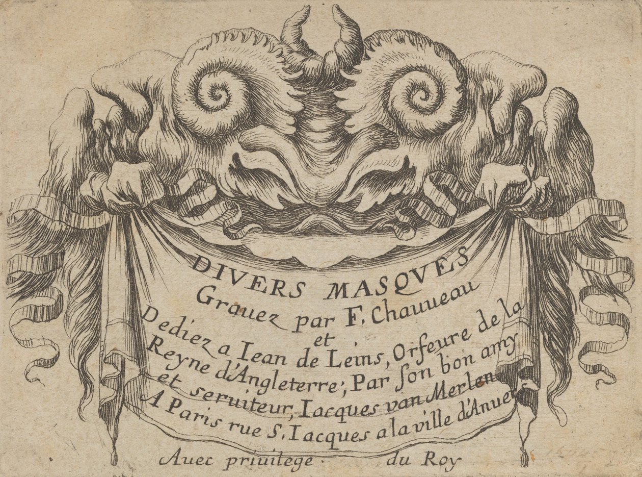 Titelblatt mit zwei Satyrköpfen, aus Divers Masques von Francois Chauveau