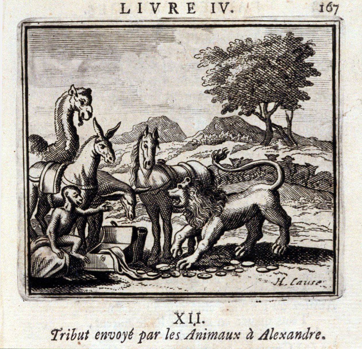 Tribut der Tiere an Alexander. Fabeln von Jean de La Fontaine. Illustration von François Chauveau. Ausgabe von 1728. von Francois Chauveau