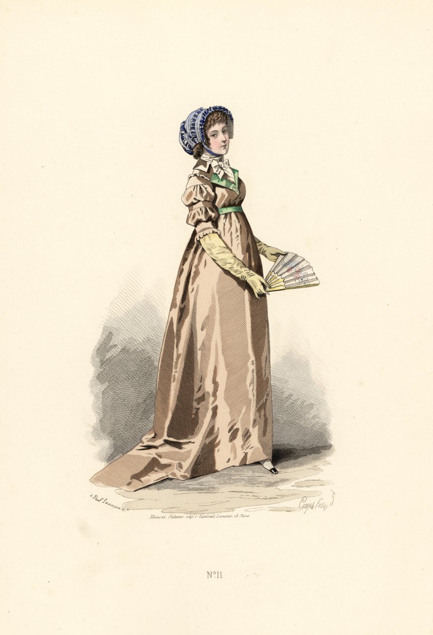 Frau in haselnussfarbenem Kleid, Fichu-Chemise und blauem Hut von Francois Claudius (after) Compte Calix