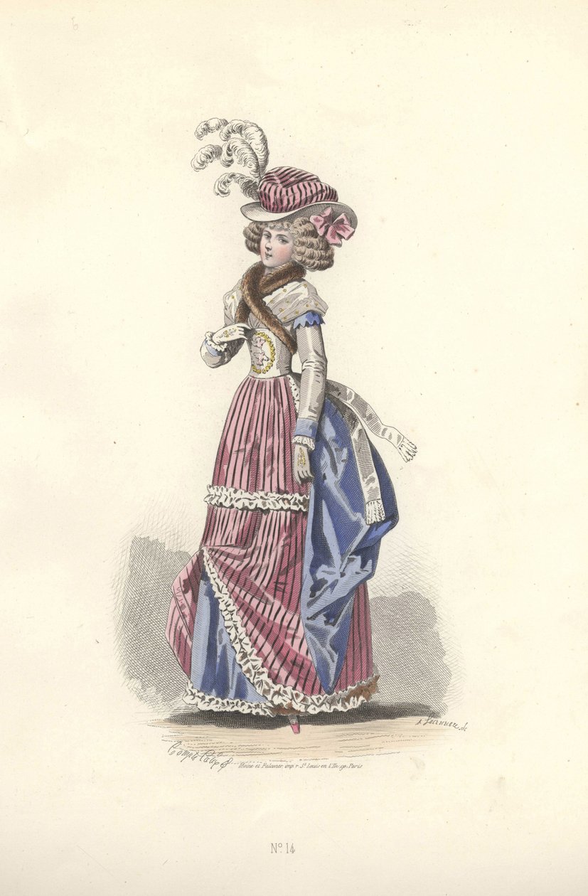 Frau in dreifarbiger Kleidung, Ära von Marie Antoinette. von Francois Claudius Compte Calix