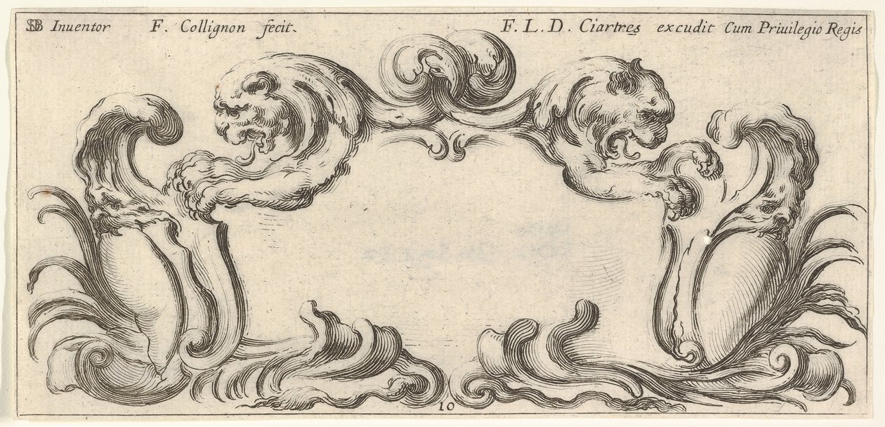 Tafel 10: ein Kartusche mit den Köpfen von zwei Löwen im Profil nach links und rechts, ca. 1640-45 von Francois Collignon