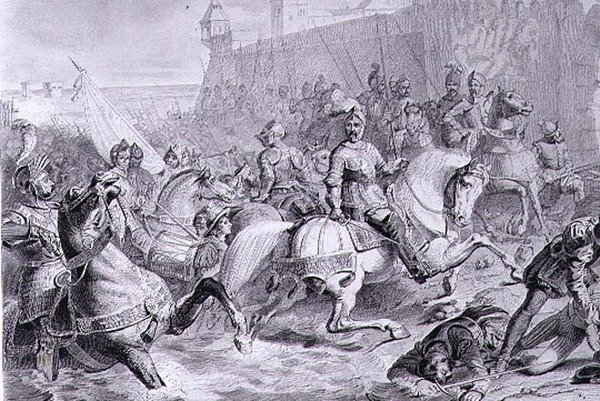 Die Einnahme von Calais durch Franz, 2. Herzog von Guise (1519-63) im Jahr 1558, gestochen von Amedee Felix Barthelemy Geilee von Francois Edouard (after) Picot