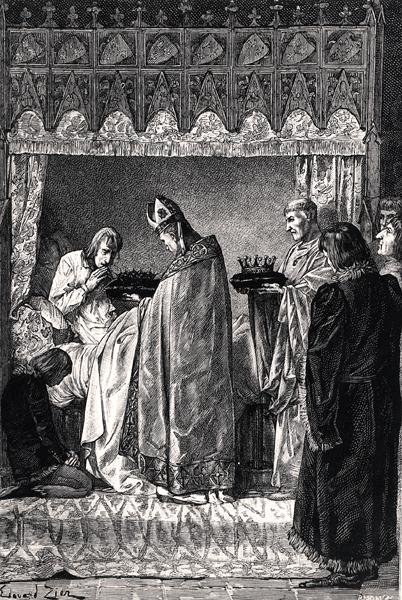 Karl V. (1338-80) auf seinem Sterbebett, empfängt die Dornenkrone mit großer religiöser Hingabe, aus 