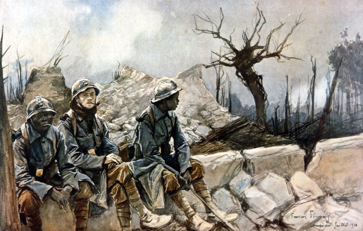 3 französische Soldaten vor den Ruinen der Kirche von Dampierre. Krieg 1914 - 1918 (Gemälde von Francois Flameng) von Francois Flameng