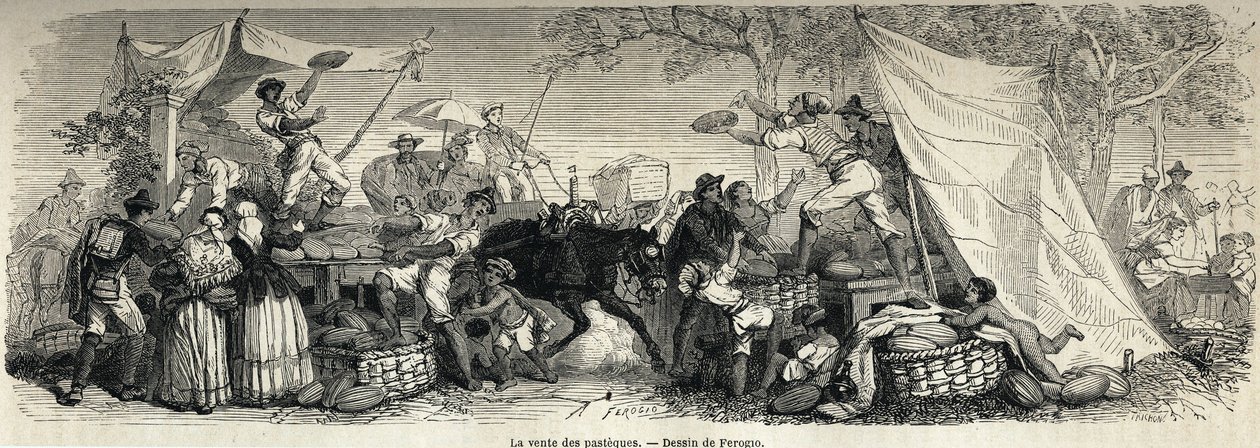 Der Verkauf von Wassermelonen, Zeichnung von Ferogio, zur Illustration von Neapel und den Neapolitanern, 1861, von Marc Monnier (1829-1885). Gravur in „Le tour du monde“ 1861. Sammlung Selva von Francois Fortune Antoine (after) Ferogio
