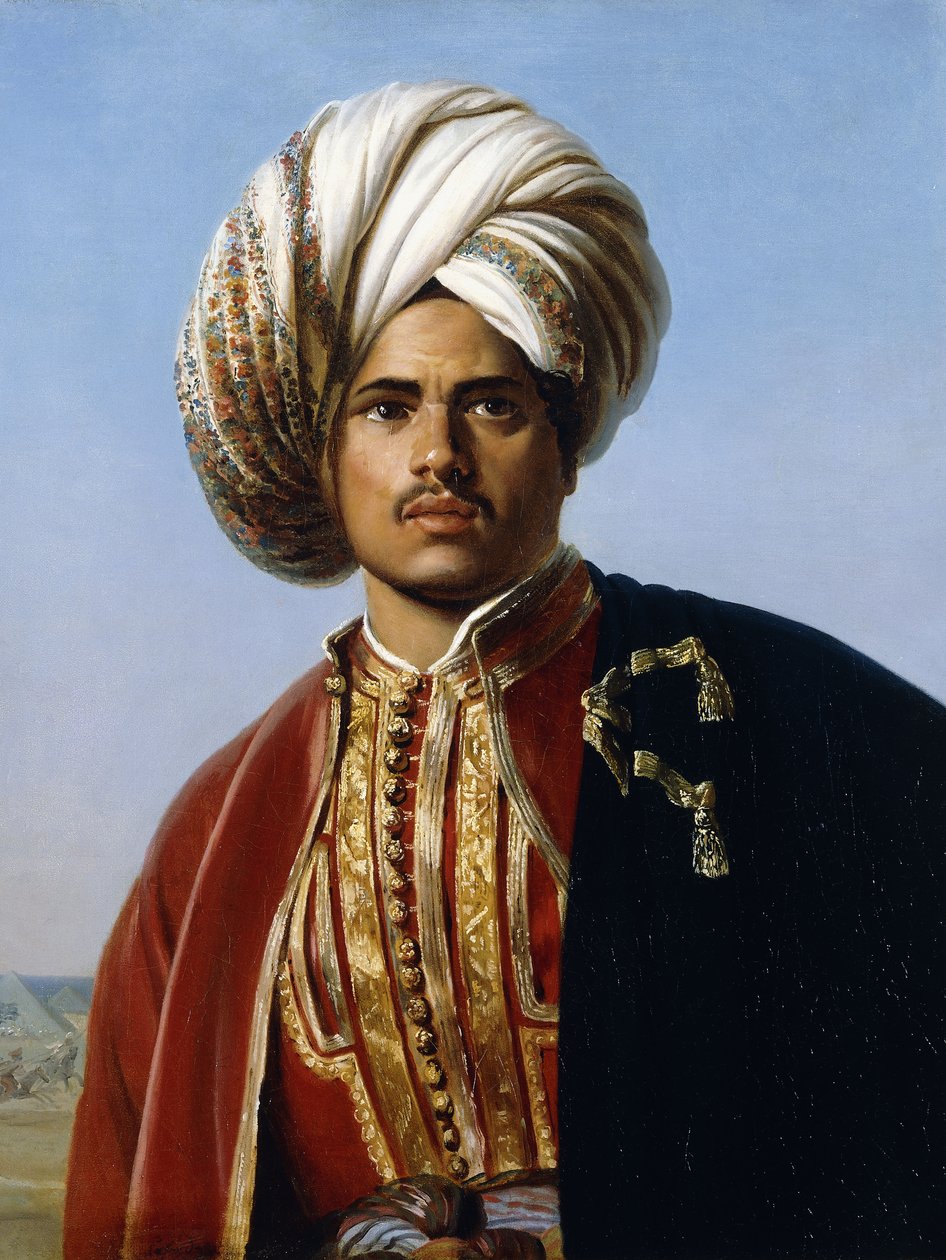 Porträt eines osmanischen Prinzen, Halbfigur, in Rot und Gold von Francois Henri Alexandre La Fond