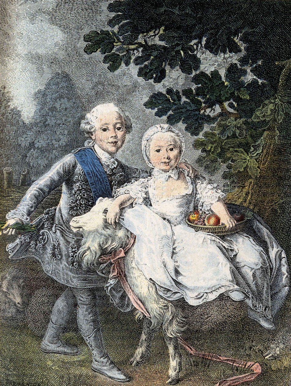 Der Graf von Artois als Kind (zukünftiger König Karl X.) (1757-1836) und seine Schwester Marie Clotilde Xavière (zukünftige Königin von Sardinien) (1759-1802) - dargestellt im Jahr 1764. Gravur aus dem 19. Jahrhundert nach dem Gemälde von François Hubert D von Francois Hubert (manner of) Drouais