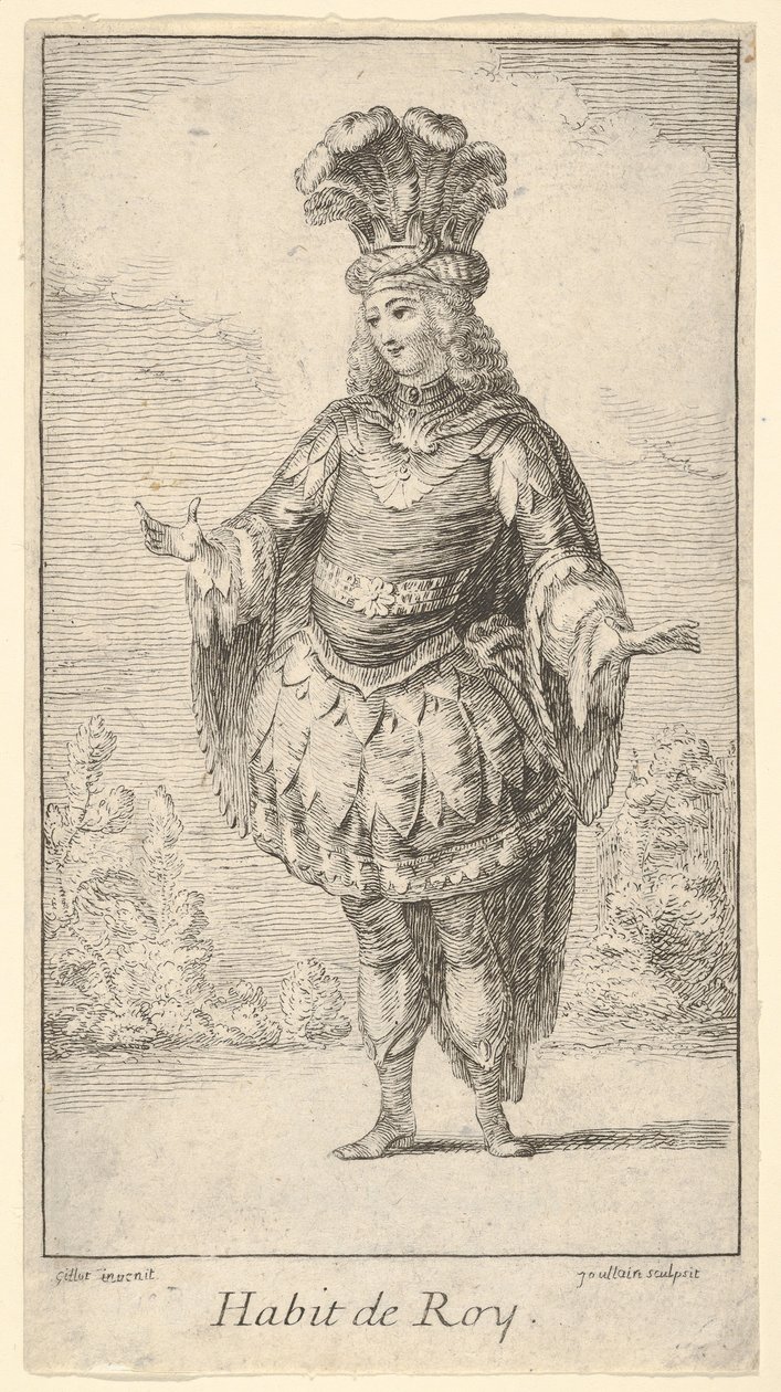 Habit de Roy: ein Mann trägt ein Tonnelet, dekoriert mit Rosetten, eine Krone und einen Turban, ca. 1721 von Francois Joullain