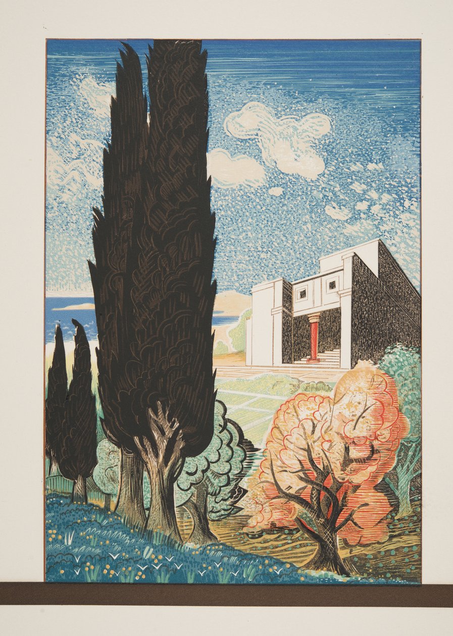 Tempel mit Zypressenbaum aus Prométhée Enchaîné von Aeschylus, veröffentlicht 1941 von Francois Louis Schmied