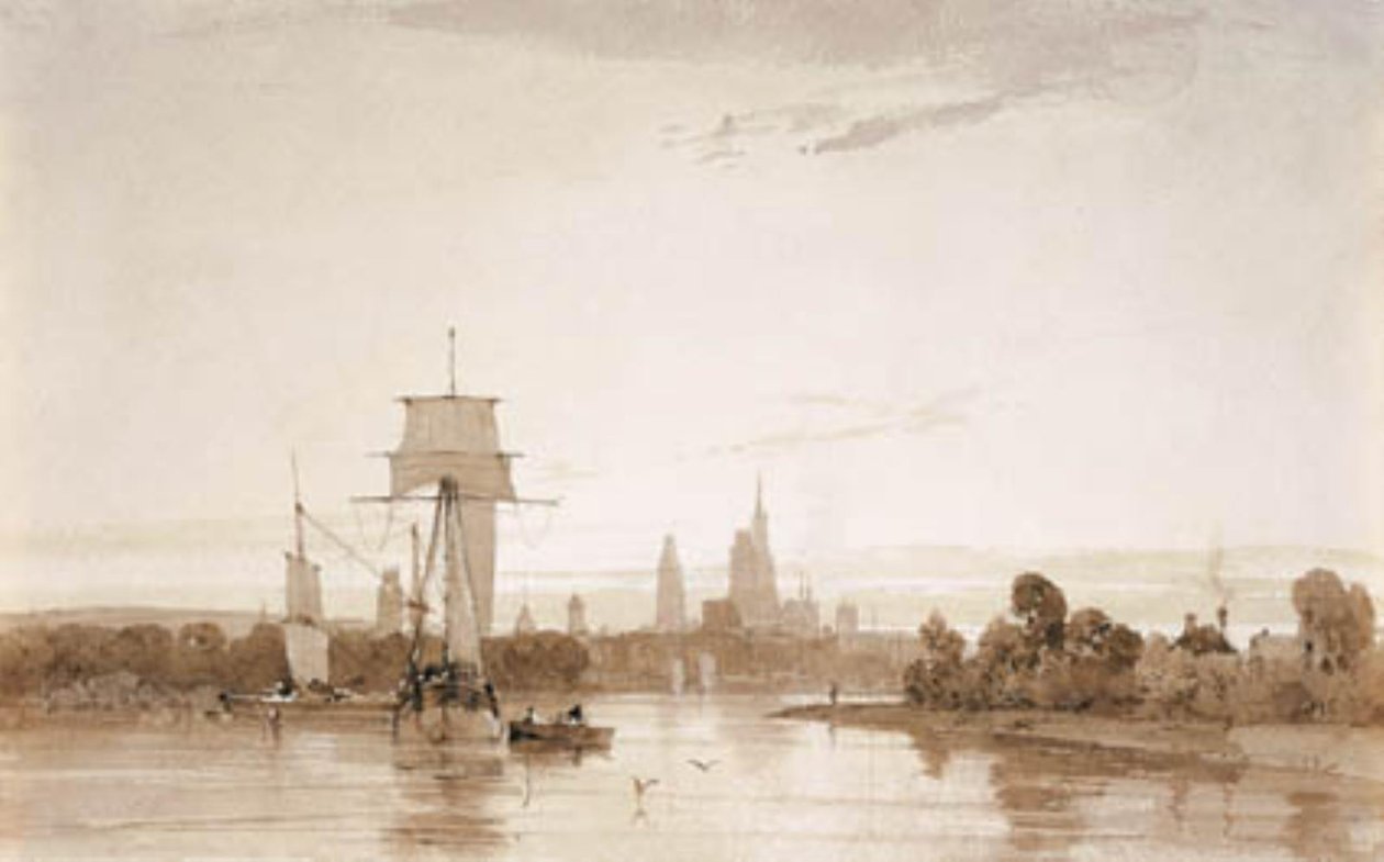 Aussicht von der Seine auf die Kathedrale von Rouen und die Stadt. Morgen von Francois Louis Thomas Francia