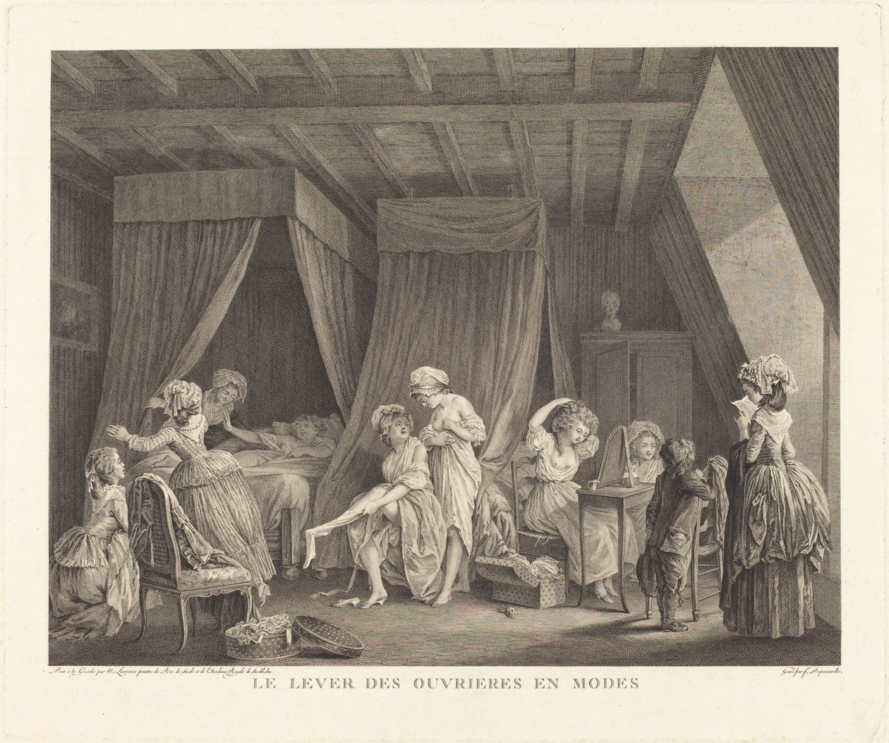 Das Aufstehen der Modeschneiderinnen von Francois Nicolas Barthelemy Dequevauviller after Nicolas Lavreince