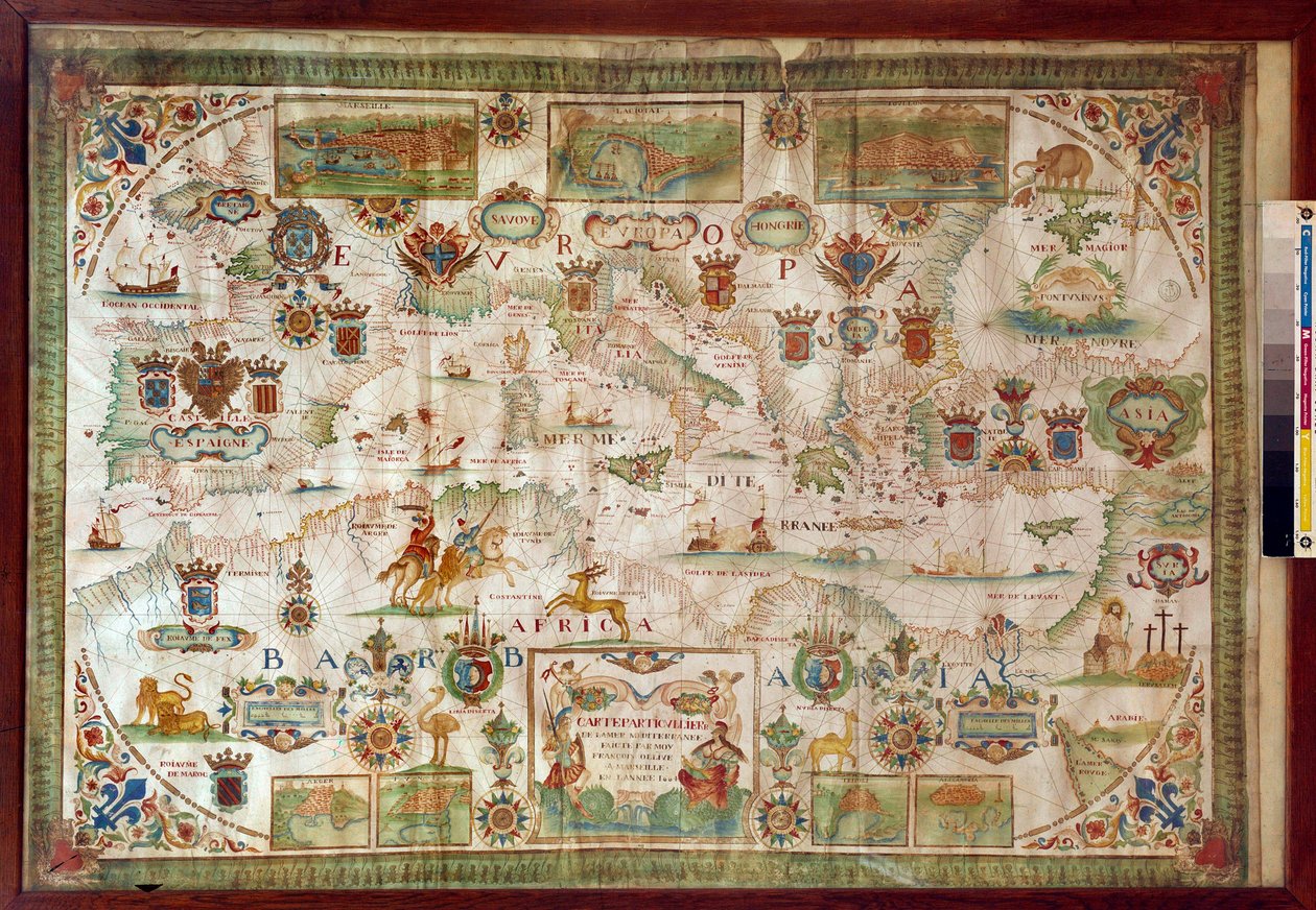 Geografische Karte des Mittelmeers mit den Küsten von Europa (Frankreich, Spanien, Italien) und Afrika (Tunesien, Algerien, Ägypten). Das Meer ist bevölkert mit Monstern und Karavellen, während auf dem Land alle Arten von Tieren und Bewohnern der Region si von Francois Ollive