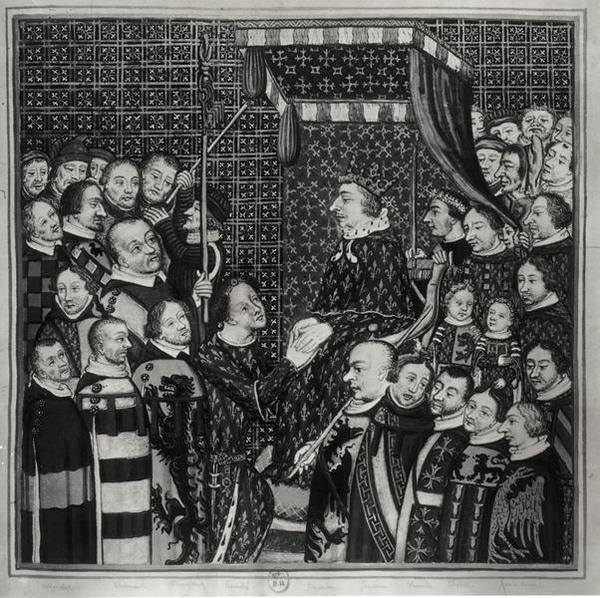 Louis II. (1337-1410), Graf von Clement, huldigt Karl V. (1338-80) Kopie einer Miniatur aus dem 14. Jahrhundert von Francois Roger de Gaignieres