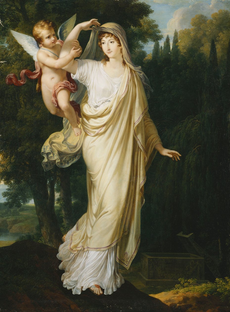 Posthumes Porträt der Marquise Fanny Grimaldi, geborene Baronne von Burkenwald, Prinzessin von Santa Cruce, Marquise de Monaco et de Genes, die sich anschickt, sich ihrem ersten Ehemann, dem Marquis Giovanni Battista Grimaldi, an seinem Grab anzuschließen, von Francois Xavier Fabre