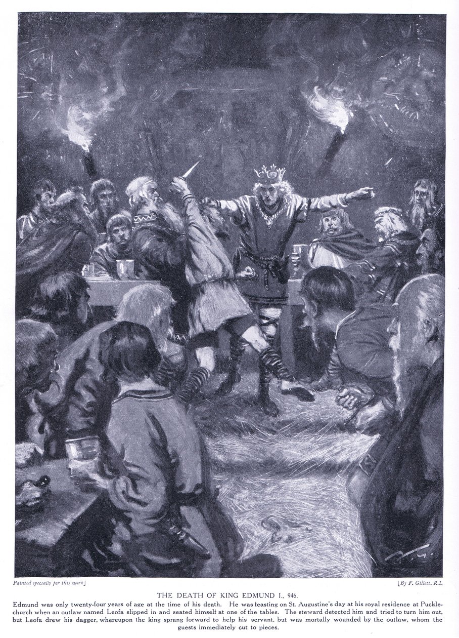 Der Tod von König Edmund I. AD946, 1920er Jahre von Frank Gillett