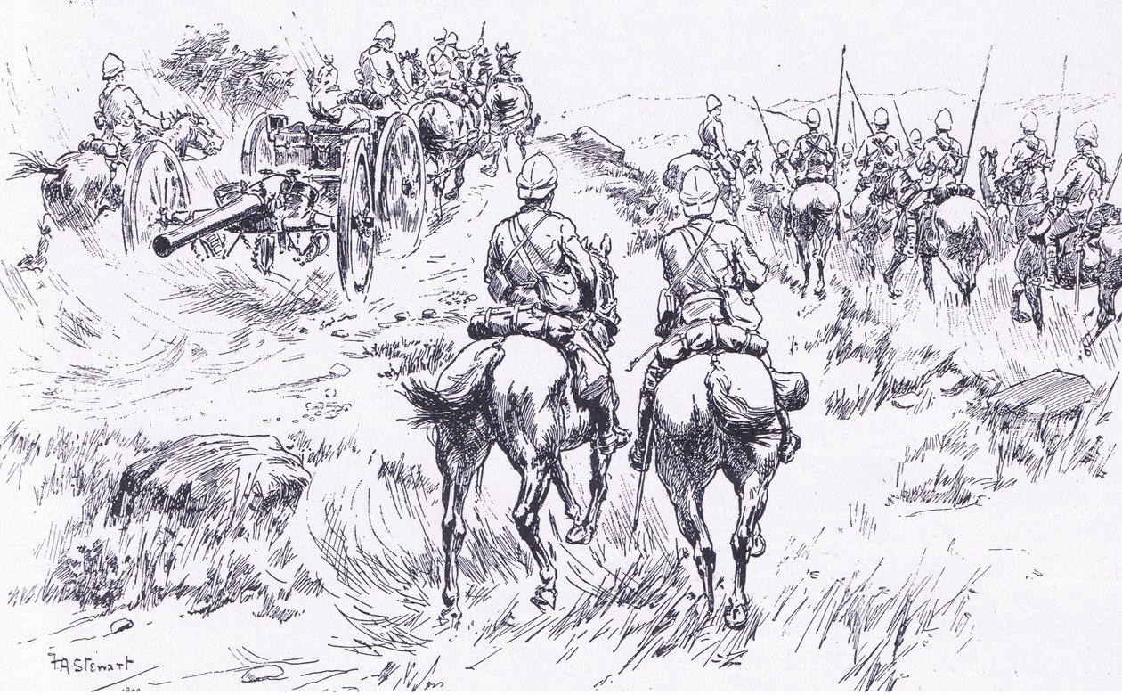 Bullers Kavallerie und Artillerie rücken auf Bergendal vor, Illustration aus After Pretoria: Der Guerillakrieg, 1902 von Frank Algenon Stewart
