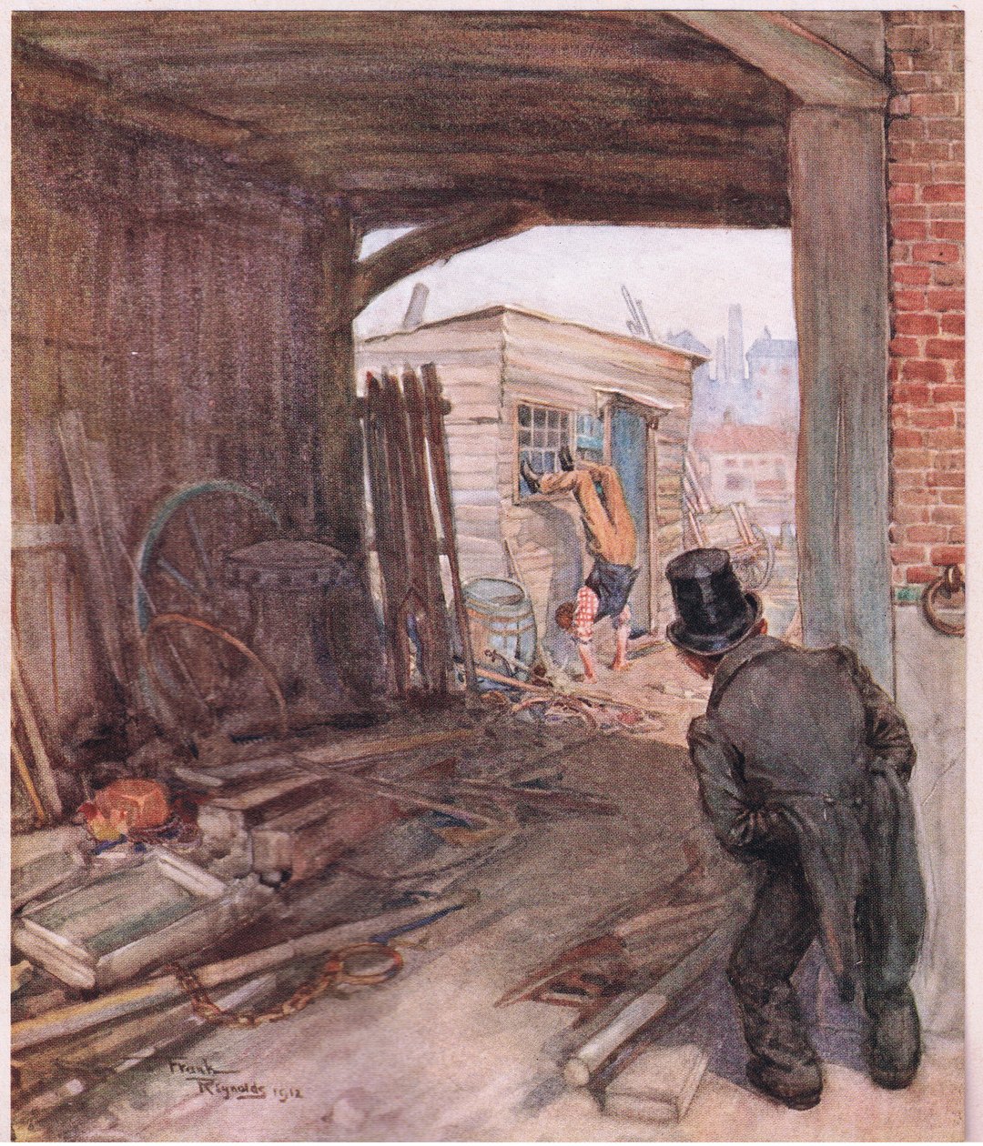 An seinem Ziel angekommen, war das erste Objekt, das sich ihm darbot, ein Paar sehr unvollständig beschuhter Füße in der Luft, ca. 1920 von Frank Reynolds