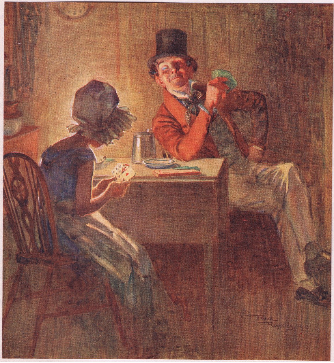 Die Marquise hielt ihre Karten sehr fest in beiden Händen und überlegte, welche sie spielen sollte, ca. 1920 (Farblithografie) von Frank Reynolds