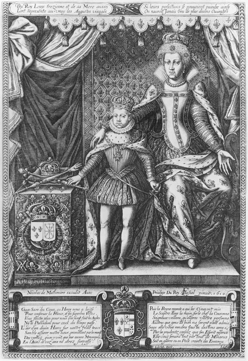 Königin Marie de Medicis und Ludwig XIII. als Kind, graviert von Nicolas de Mathoniere (fl.1600-22) 1610 von François Quesnel