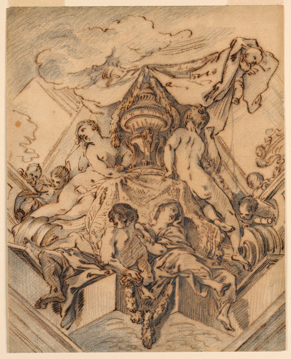 Zeichnung, Entwurf für ein Eckmotiv einer bemalten Decke, 1740 von François Boucher